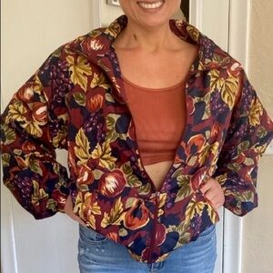 VINTAGE EVR Y2K 90’s 100% Silk Zip Up Bomber Jacket Fall Leaves Fruit Sz L